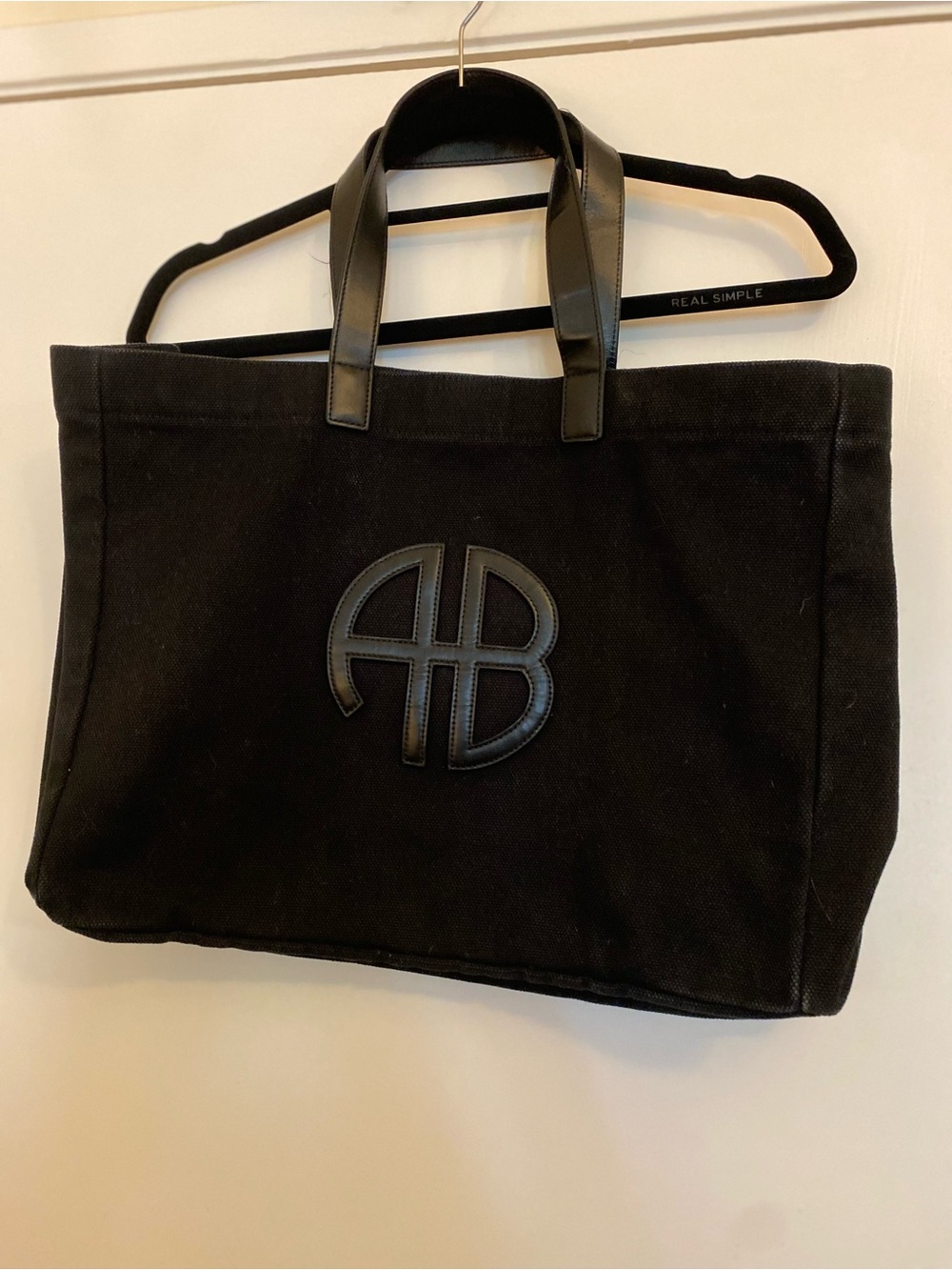 Anine Bing Black Canvas Tote Bag with Leather Handles and AB Monogram